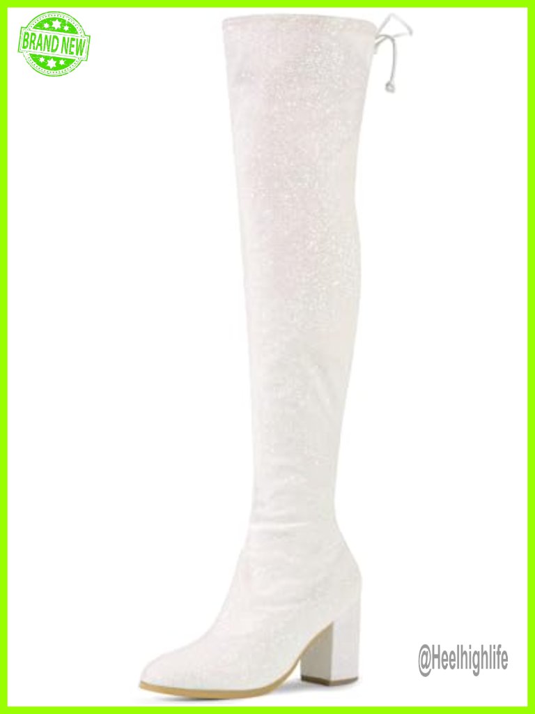 Over The Knee High Boots Chunky Heel Round Toe Glitter Lace Up Sparkly